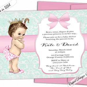 Baby shower invitation girl. Girl baby shower invites. Digital printable or printed. Pink and gray chevron. image 1