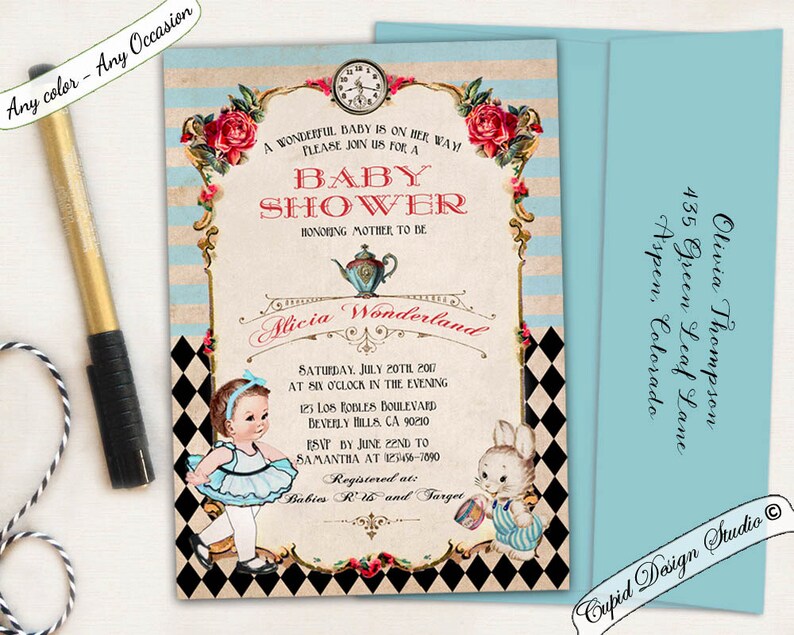 Alice in wonderland baby shower invitations. Mad hatter baby shower invite. Queen of hearts invitation. Wonderland baby shower invites. image 4