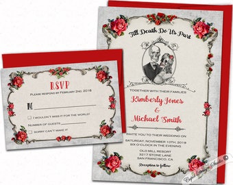 Gothic wedding invitations, Skull wedding invite, Halloween wedding invitation, Skull wedding invite, Gothic wedding invite, printed.