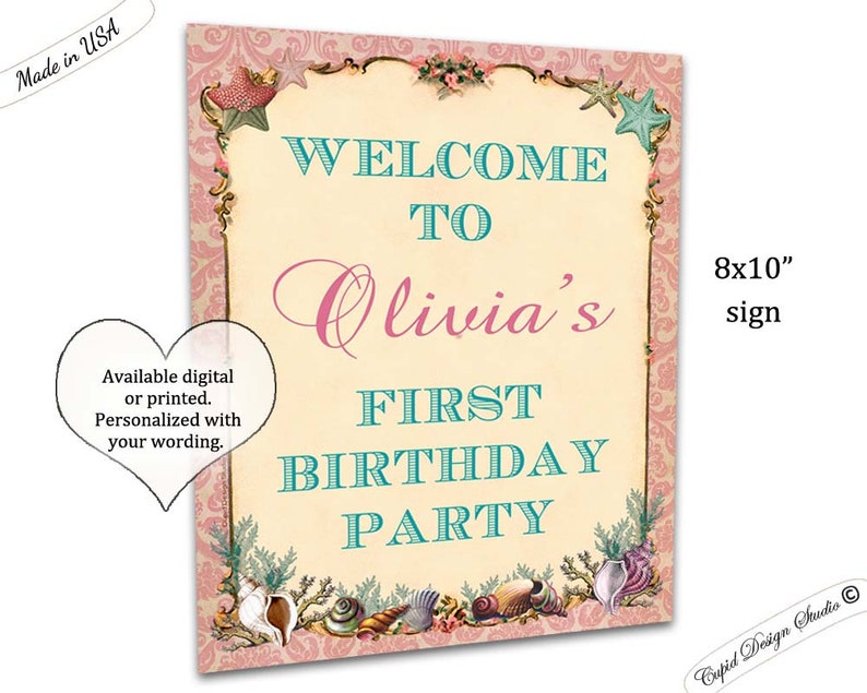 Mermaid birthday sign little mermaid under the sea personalized sign printable or printed. baby shower sign 8x10 party welcome sign