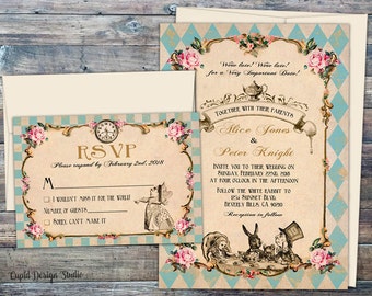 fairytale wedding invitations printed wedding invitation set handmade alice in wonderland invitations Mad hatter tea wedding invitations