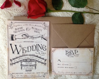 Elegant unique wedding invitation, Rustic wedding invitations, Vintage wedding invitation set, Vintage style wedding invites