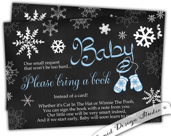 Baby shower Bring a book card. Baby it’s cold outside. Snowflakes. Chalkboard. mittens. blue. winter. DIY. Printable. Instant download.