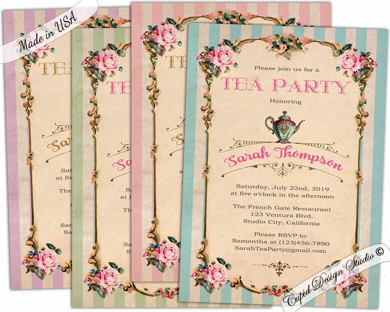 May include: A vintage-style tea party invitation with a pink, blue, and green striped background. The invitation features a teapot, flowers, and the text "Please join us for a Tea Party Honoring Sarah Thompson".