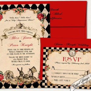 Alice in Wonderland Wedding invitation, Alice in wonderland fairy tale wedding invitation, alice in wonderland invite, queen of hearts.