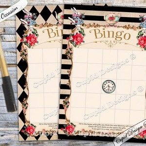 Alice in wonderland Bingo. Party games. Baby bingo. Bingo game. Custom bingo. Baby bingo cards. Printable bingo. Printed bingo cards.