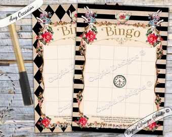 Alice in wonderland Bingo. Party games. Baby bingo. Bingo game. Custom bingo. Baby bingo cards. Printable bingo. Printed bingo cards.