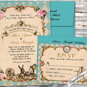 Alice in Wonderland Wedding invitation. Mad hatter tea party wedding invitations. Elegant unique Wedding invites, custom wedding invitations
