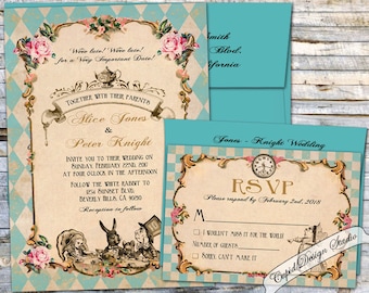Alice in Wonderland Wedding invitation. Mad hatter tea party wedding invitations. Elegant unique Wedding invites, custom wedding invitations