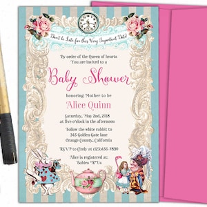 Printable alice in wonderland baby shower invitation, printable alice in wonderland invitations, mad hatter tea birthday invitations,