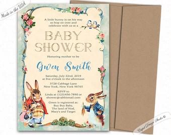 peter rabbit baby shower invitation - peter rabbit invitations - digital printable or printed - Beatrix Potter baby shower - Easter invites.