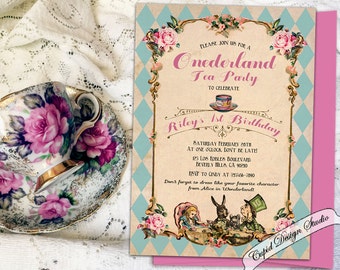 Printable Alice in Wonderland 1st Birthday invitation, Printed Alice in Onederland invitation, mad hatter tea party invitations,