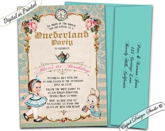 Alice in onederland invitation, alice in wonderland first birthday, alice in onederland birthday, Alice and Wonderland 1st birthday invites.