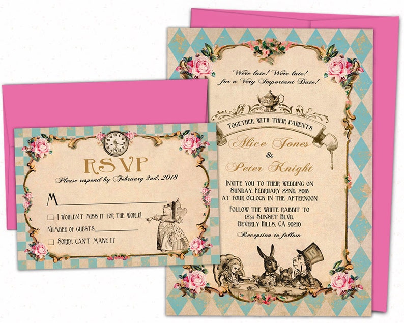 fairytale wedding invitations printed wedding invitation set handmade alice in wonderland invitations Mad hatter tea wedding invitations image 3