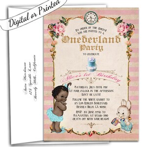 May include: An invitation for a "Onederland Party" with a vintage design. The invitation features a baby girl in a blue tutu, a white rabbit, and the text "Alice's 1st Birthday". The background has pink stripes and floral accents.