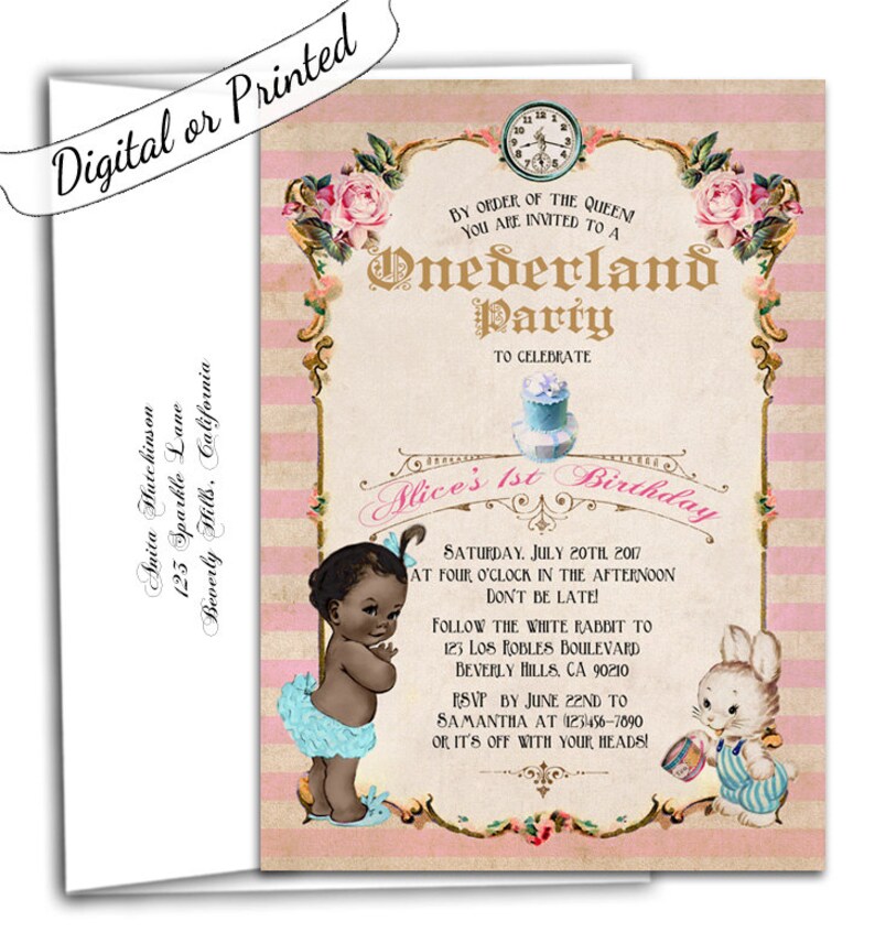 May include: An invitation for a "Onederland Party" with a vintage design. The invitation features a baby girl in a blue tutu, a white rabbit, and the text "Alice's 1st Birthday". The background has pink stripes and floral accents.