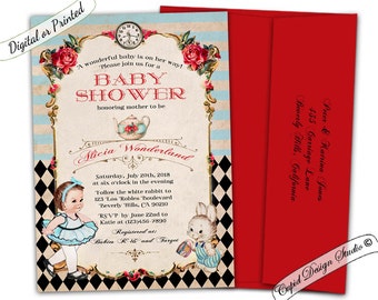 alice in wonderland baby shower invitation girl, Baby Alice Mad Hatter tea party invites evite Custom Printable or printed personalized