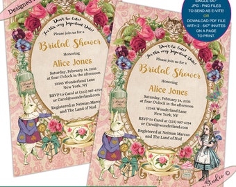 Editable Alice in Wonderland bridal shower invitation DIY, Mad hatter party e-vite, Wonderland invitation, edit yourself, canva invitation.