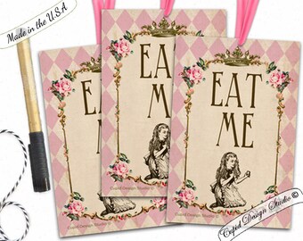 MANGEZ-MOI Alice au pays des merveilles favorise les étiquettes / étiquettes de faveur d'anniversaire étiquettes autocollants bricolage numérique imprimable / étiquettes cadeaux / rose et or.