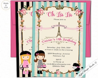 Parisian Birthday party invitation, Digital or printed, personalized.