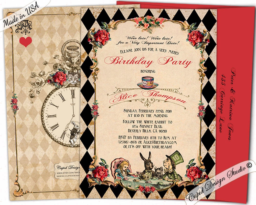 Alice in Wonderland Birthday Invitation, Mad Hatter Tea Party Invitations Alice Through the Looking Glass Invites Queen of Hearts Invitation - Etsy alice-in-wonderland-birthday-invitation-mad-hatter-tea-party-invitations-alice-through-the-looking-glass-invites-queen-of-hearts-invitation-etsy