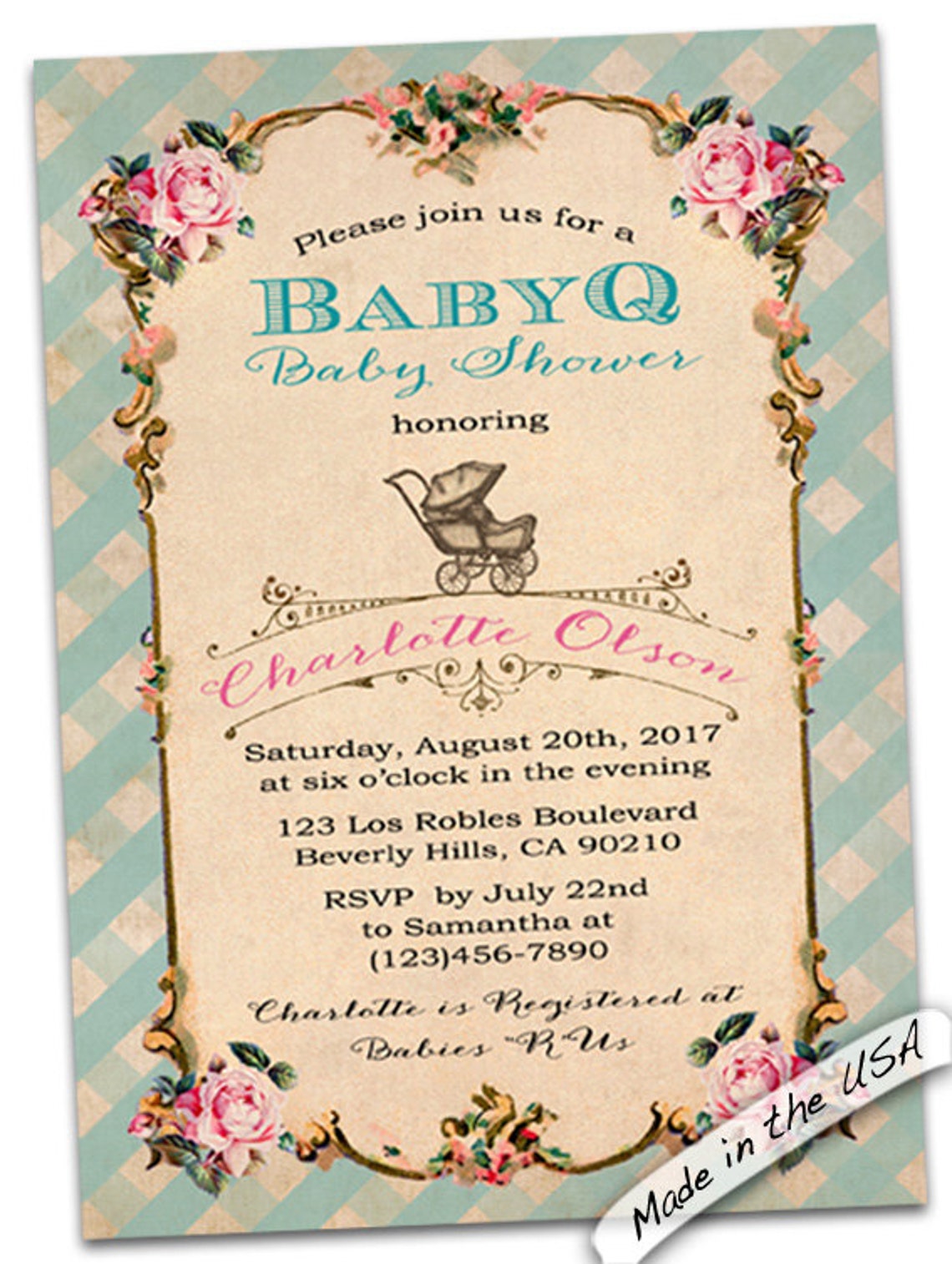 Baby Q Gingham Invitation/baby Q Shower Invitations/shabby Etsy