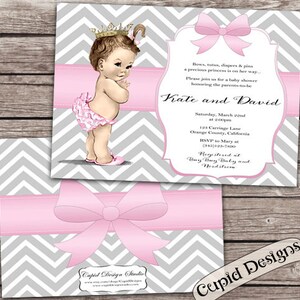 Baby shower invitation girl. Girl baby shower invites. Digital printable or printed. Pink and gray chevron. image 3