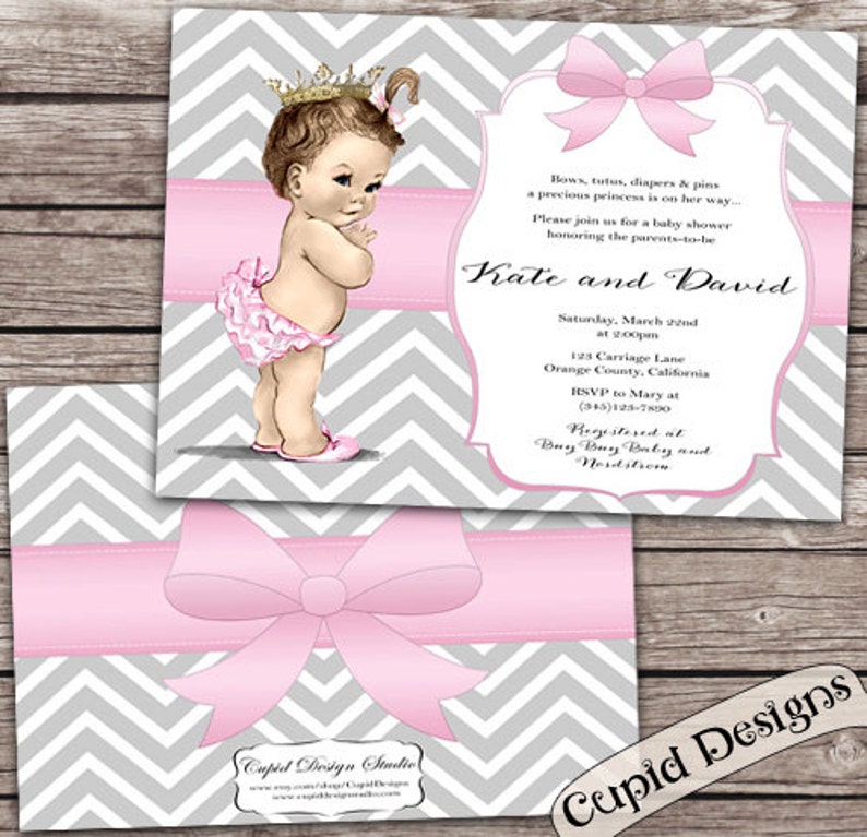 Baby shower invitation girl. Girl baby shower invites. Digital printable or printed. Pink and gray chevron. image 3