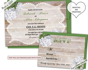 Vintage hydrangeas custom wedding invitations, digital or printed, Personalized wedding invites, barn wedding invitation, fall wedding.