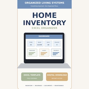 May include: A digital home inventory Excel organizer template featuring a dashboard with metrics for items, value, documents, and policies. The interface includes sections for inventory, alerts, and progress, with buttons for Excel template and digital download.