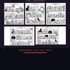 May include: A digital download set of five pages featuring Halloween bookshelf stencils. The black and white line art includes illustrations of books, pumpkins, skulls, cauldrons, cats, crystals, candles, and spiderwebs arranged on shelves.