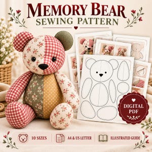 Patrón de costura de oso de peluche conmemorativo, oso de peluche patchwork en PDF, 10 tamaños imprimibles. imagen 2