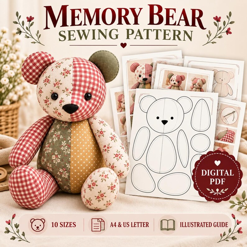 Patrón de costura de oso de peluche conmemorativo, oso de peluche patchwork en PDF, 10 tamaños imprimibles. imagen 2