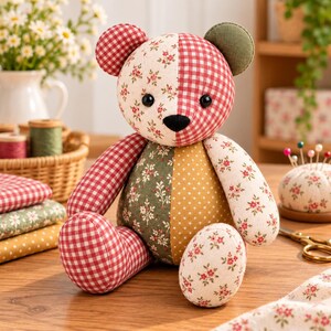 Memory Bear Sewing Pattern PDF, Patchwork Teddy Bear Template, 10 Sizes, A4 & US Letter image 2