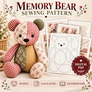 Patrón de costura en PDF para osito de peluche conmemorativo, 10 tamaños, plantilla de osito de peluche patchwork, tamaños A4 y Carta estadounidense.
