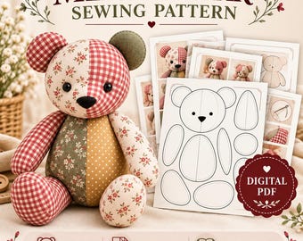 Memory Bear Sewing Pattern PDF, 10 Sizes, Patchwork Teddy Bear Template, A4 & US Letter