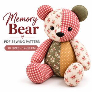 Memory Bear Sewing Pattern PDF, Patchwork Teddy Bear, 10 Sizes image 2
