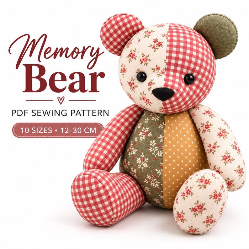Memory Bear Sewing Pattern PDF, Patchwork Teddy Bear, 10 Sizes image 2