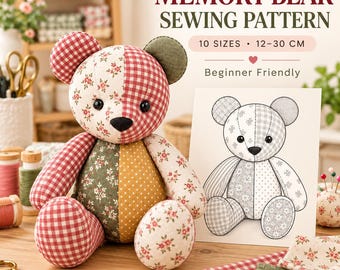 Patrón de costura en PDF para osito de peluche conmemorativo, plantilla de osito de peluche patchwork, 10 tamaños, A4 y carta estadounidense.
