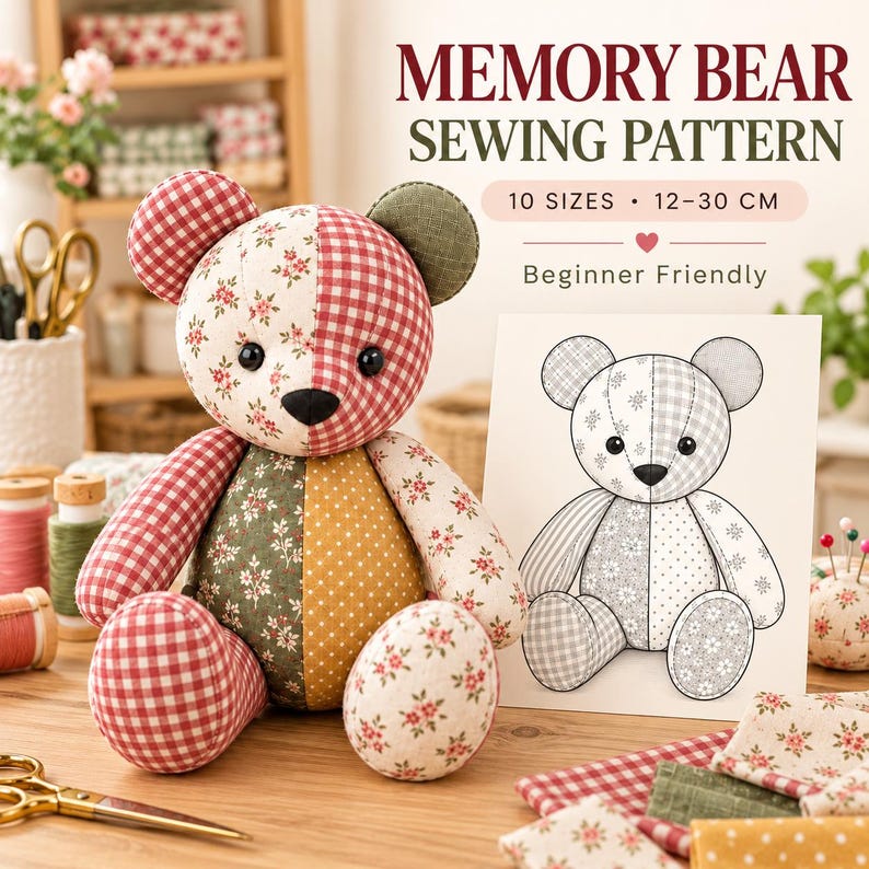 Memory Bear Sewing Pattern PDF, Patchwork Teddy Bear Template, 10 Sizes, A4 & US Letter image 1
