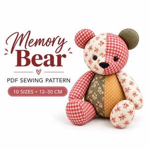 Patrón de costura en PDF para oso de peluche conmemorativo, oso de peluche patchwork, 10 tamaños.