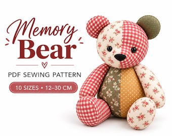 Memory Bear Sewing Pattern PDF, Patchwork Teddy Bear, 10 Sizes