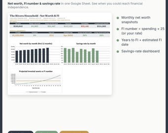 Nettovermogen bijhouden in Google Sheets, FIRE-calculator in spreadsheetformaat, planner voor financiële onafhankelijkheid, spaarpercentage, vervroegd pensioen, Excel