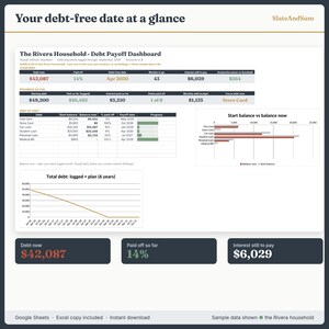 Pu&ograve; includere: Una dashboard digitale per il rimborso dei debiti intitolata Your debt-free date at a glance di SlateAndSum. Mostra i dati finanziari della famiglia Rivera, inclusi i totali dei debiti, tabelle di avanzamento, un grafico a barre e una linea di tendenza.
