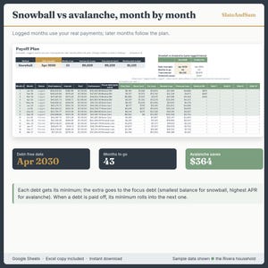 Pu&ograve; includere: Un foglio di calcolo digitale per il piano di estinzione debiti intitolato Snowball vs avalanche, month by month di SlateAndSum. Mostra una tabella dettagliata che confronta i metodi di rimborso, con colonne per mese, stato, saldo e interessi.