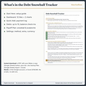 Pu&ograve; includere: Un modello di foglio di calcolo digitale Debt Snowball Tracker che include una guida alla configurazione, una dashboard con 12 riquadri e 2 grafici, un registro dei pagamenti, controlli del saldo del debito e piani di rimborso.