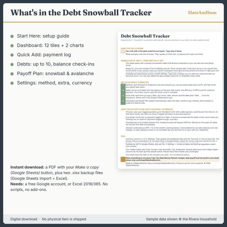 Pu&ograve; includere: Un modello di foglio di calcolo digitale Debt Snowball Tracker che include una guida alla configurazione, una dashboard con 12 riquadri e 2 grafici, un registro dei pagamenti, controlli del saldo del debito e piani di rimborso.