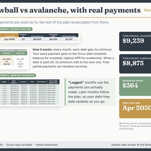 Debt payoff plan comparing debt snowball and debt avalanche: $9,239 vs $8,875 total interest, avalanche saves $364, debt-free April 2030