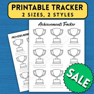 May include: A printable achievements tracker sheet featuring a grid of nine outlined trophy icons with blank lines underneath each, accompanied by a second smaller sheet and a yellow header text reading PRINTABLE TRACKER 2 SIZES, 2 STYLES.