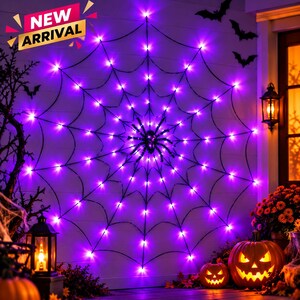 Halloween LED Spider Web Light with Plush Spider, Purple 120cm Spooky Decoration